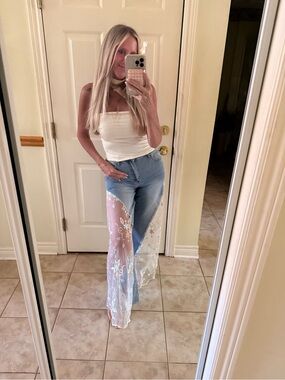 SHEIN Light Blue Denim Flare Jeans with White Sheer Embroidered Panels